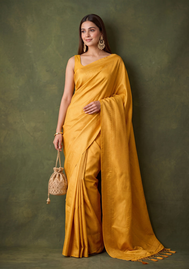 Mustard Yellow Art Silk Jaal Saree With Matching Blouse Piece
