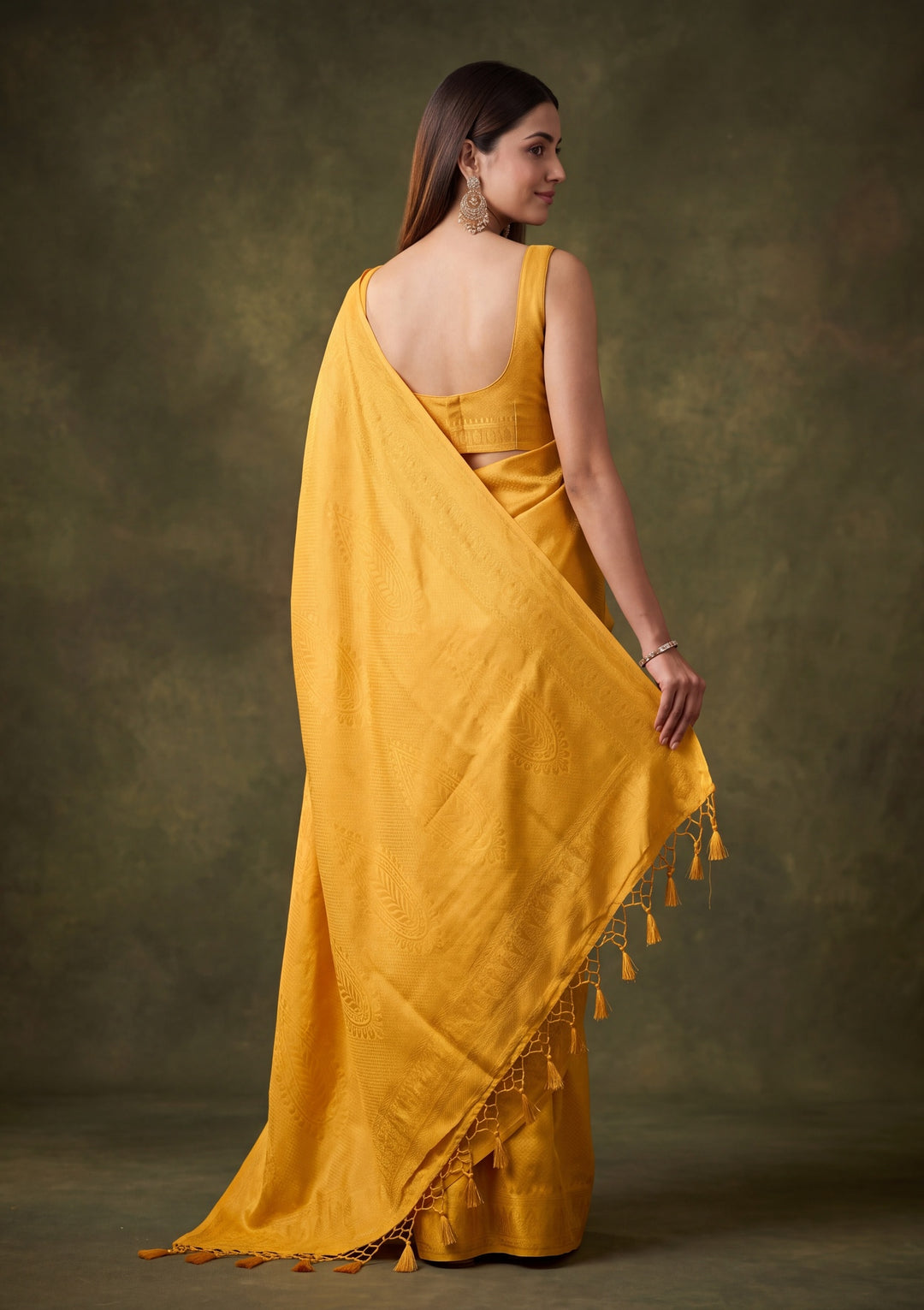 Mustard Yellow Art Silk Jaal Saree With Matching Blouse Piece