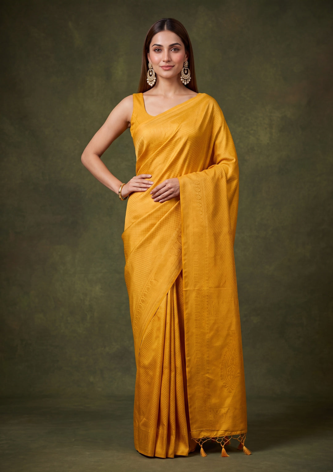 Mustard Yellow Art Silk Jaal Saree With Matching Blouse Piece