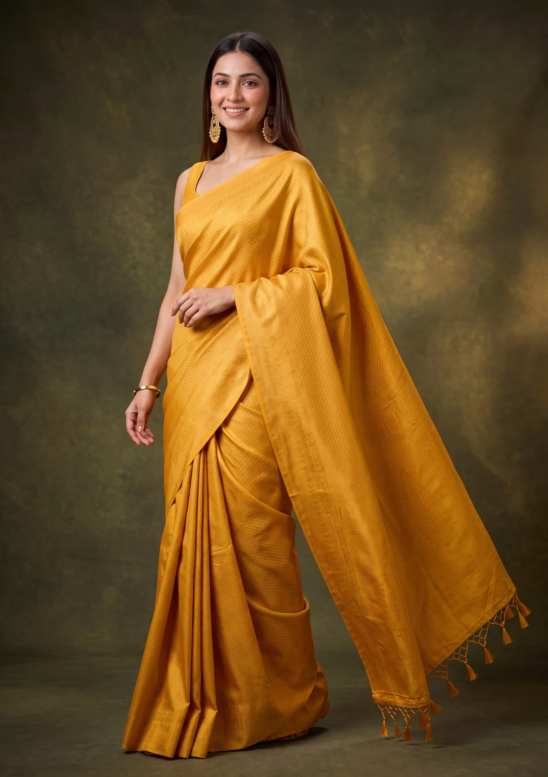 Mustard Yellow Art Silk Jaal Saree With Matching Blouse Piece