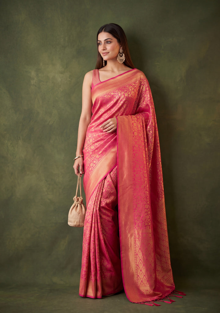 Rani Pink Art Silk Jaal Saree With Matching Blouse Piece