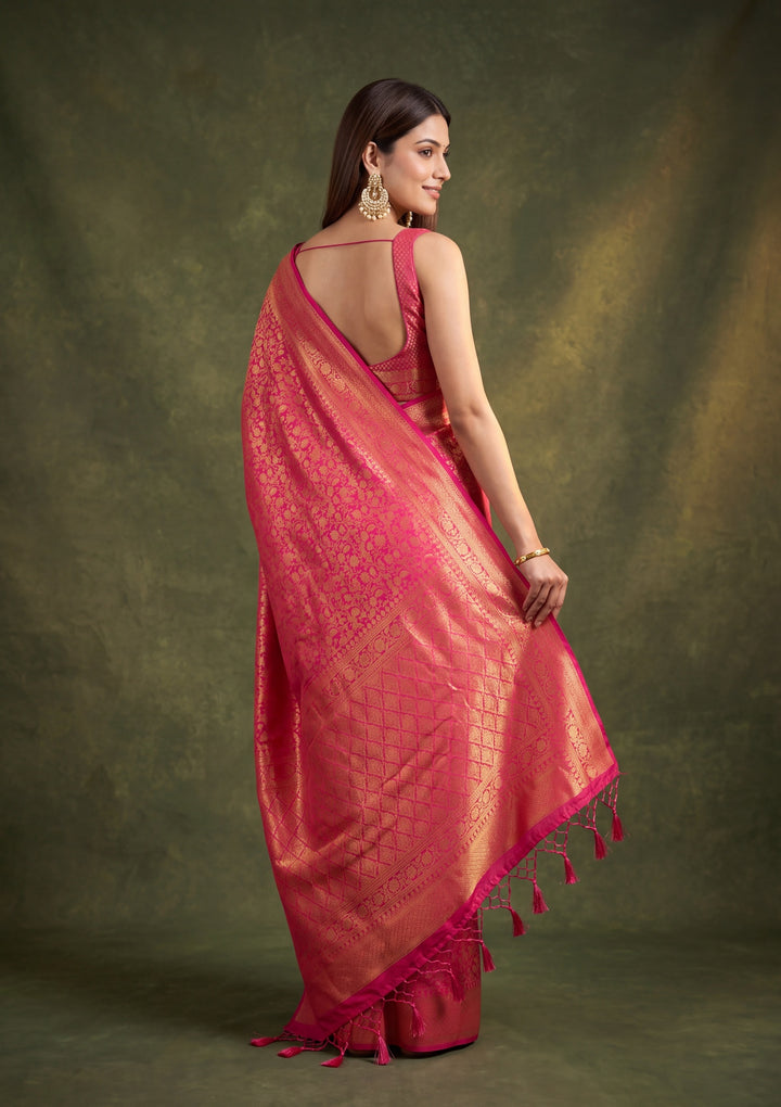 Rani Pink Art Silk Jaal Saree With Matching Blouse Piece