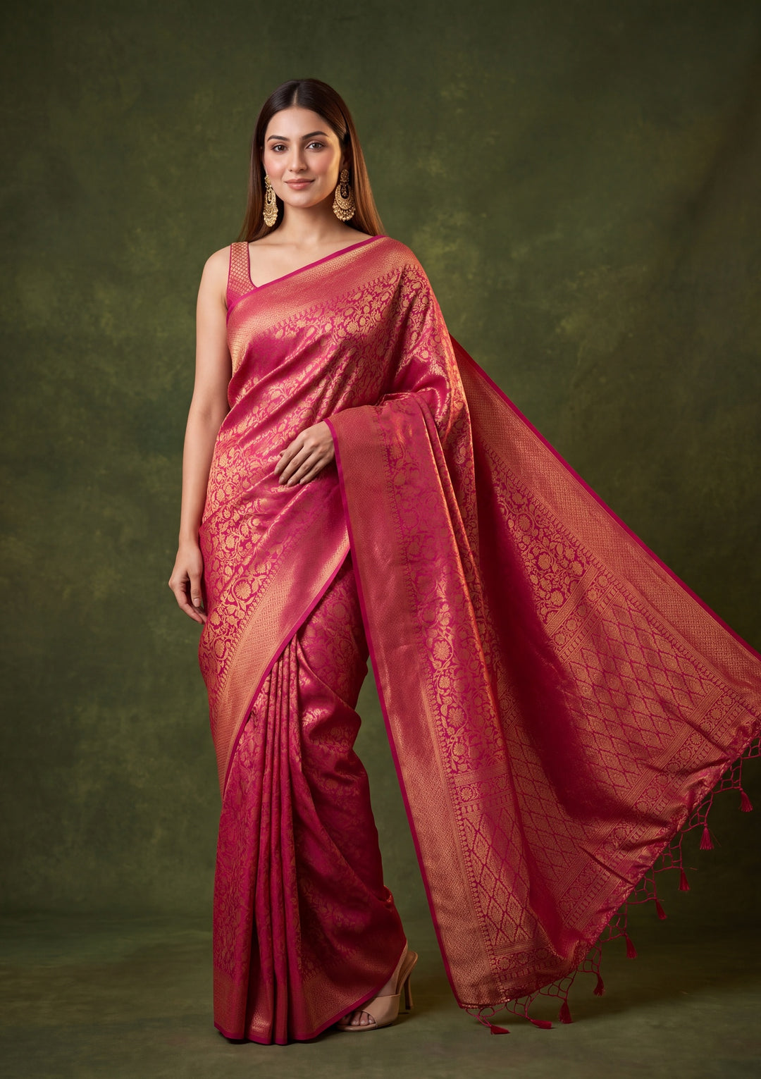 Rani Pink Art Silk Jaal Saree With Matching Blouse Piece