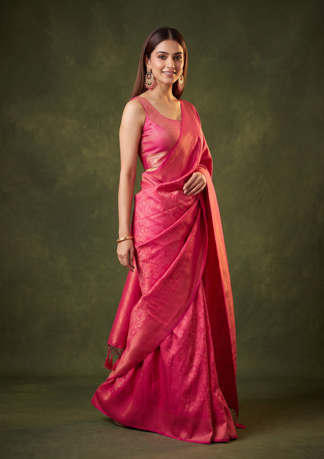 Rani Pink Art Silk Jaal Saree With Matching Blouse Piece