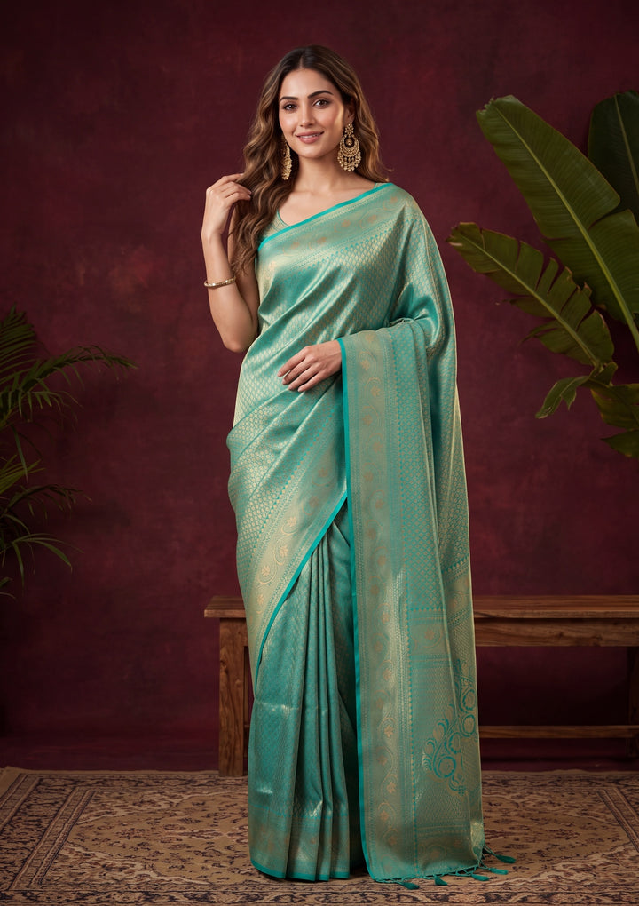 Rama Green Art Silk Jaal Saree With Matching Blouse Piece