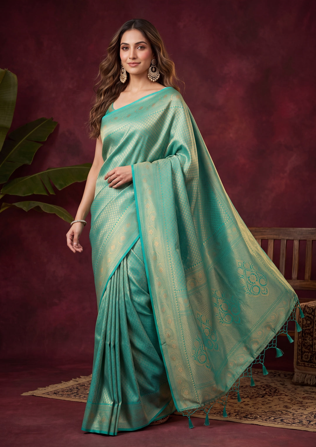 Rama Green Art Silk Jaal Saree With Matching Blouse Piece