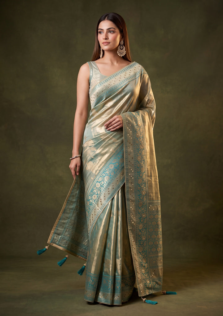 Rama Green Art Tissue Jaal Mirrorwork Saree With Matching Blouse Piece