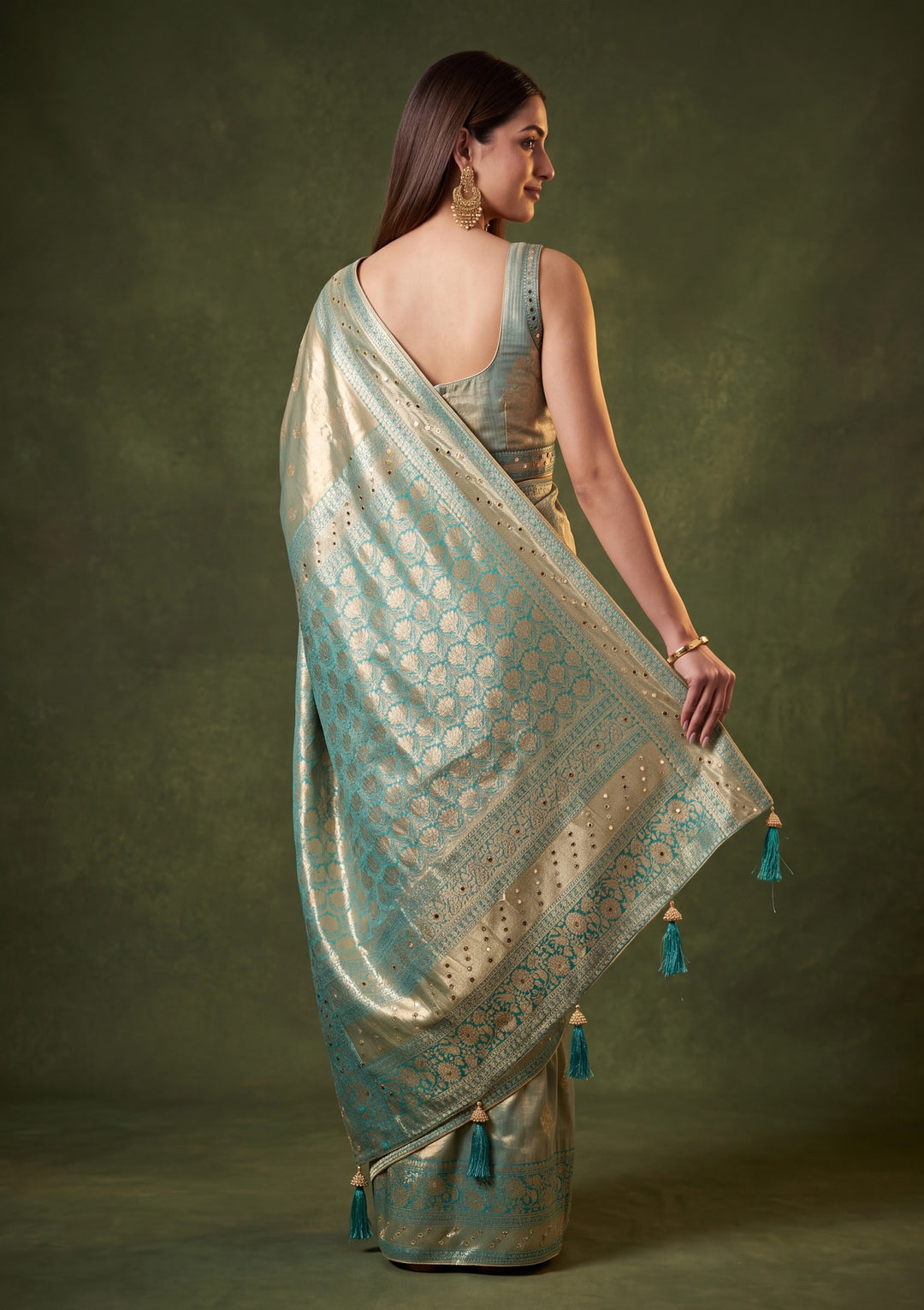 Rama Green Art Tissue Jaal Mirrorwork Saree With Matching Blouse Piece