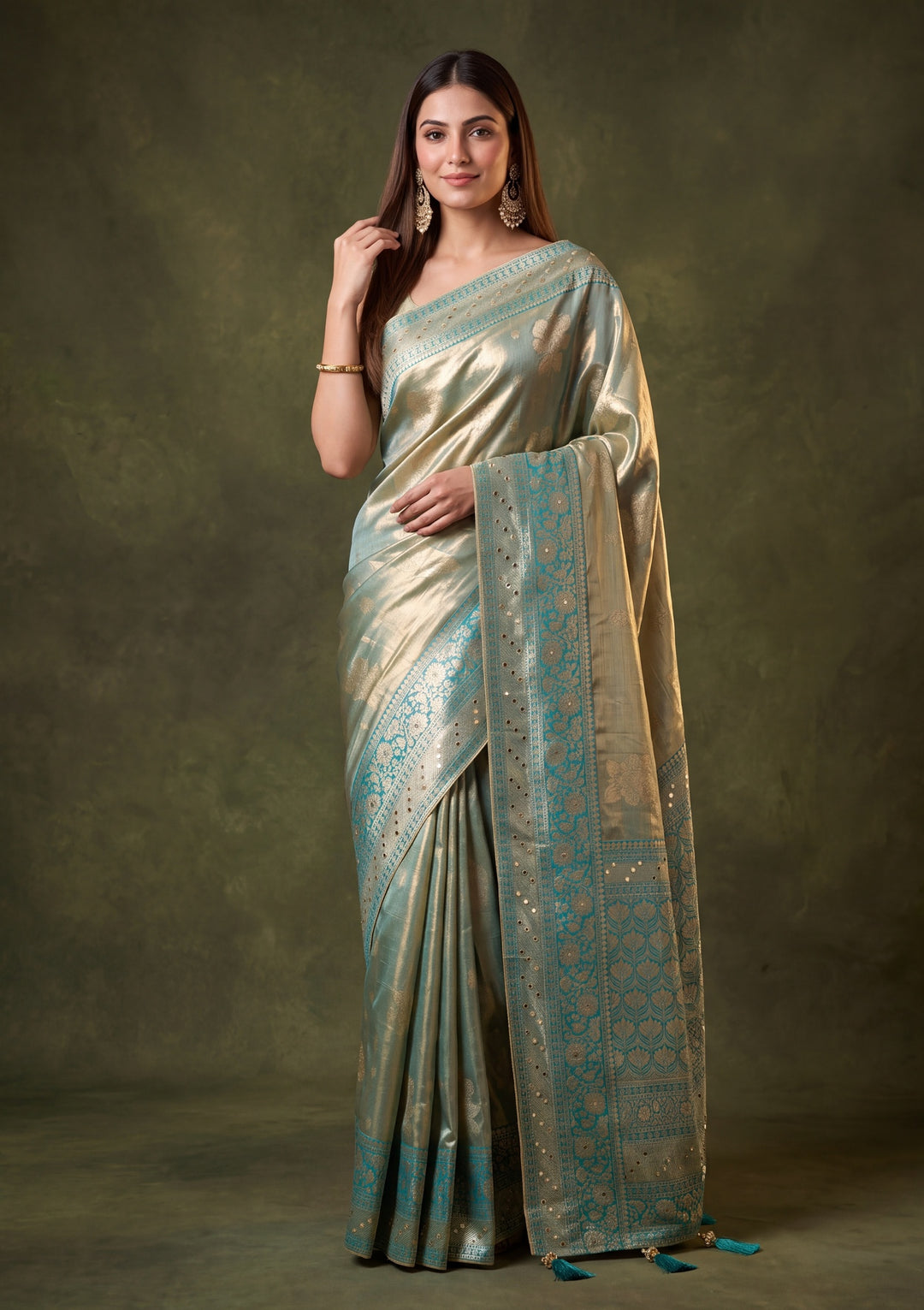 Rama Green Art Tissue Jaal Mirrorwork Saree With Matching Blouse Piece