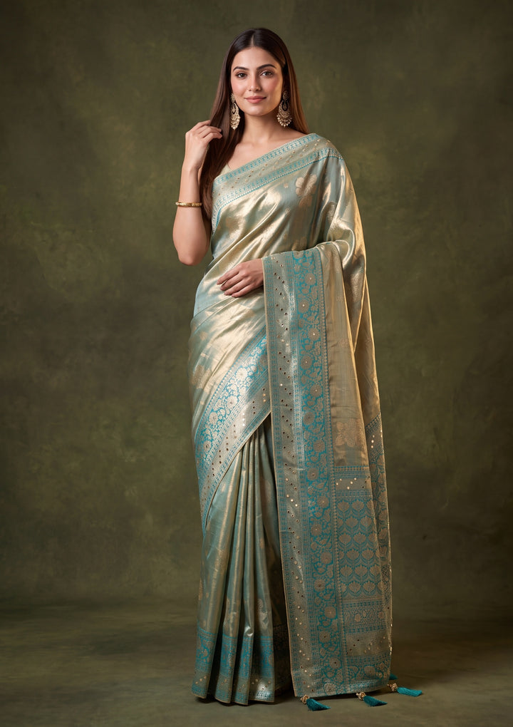 Rama Green Art Tissue Jaal Mirrorwork Saree With Matching Blouse Piece