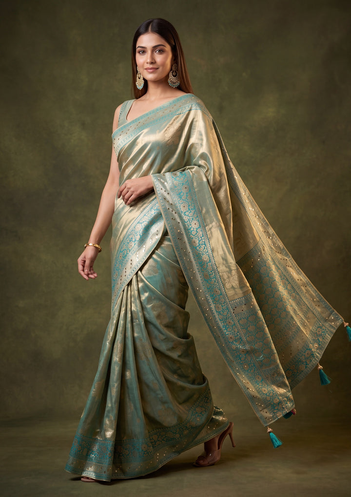 Rama Green Art Tissue Jaal Mirrorwork Saree With Matching Blouse Piece