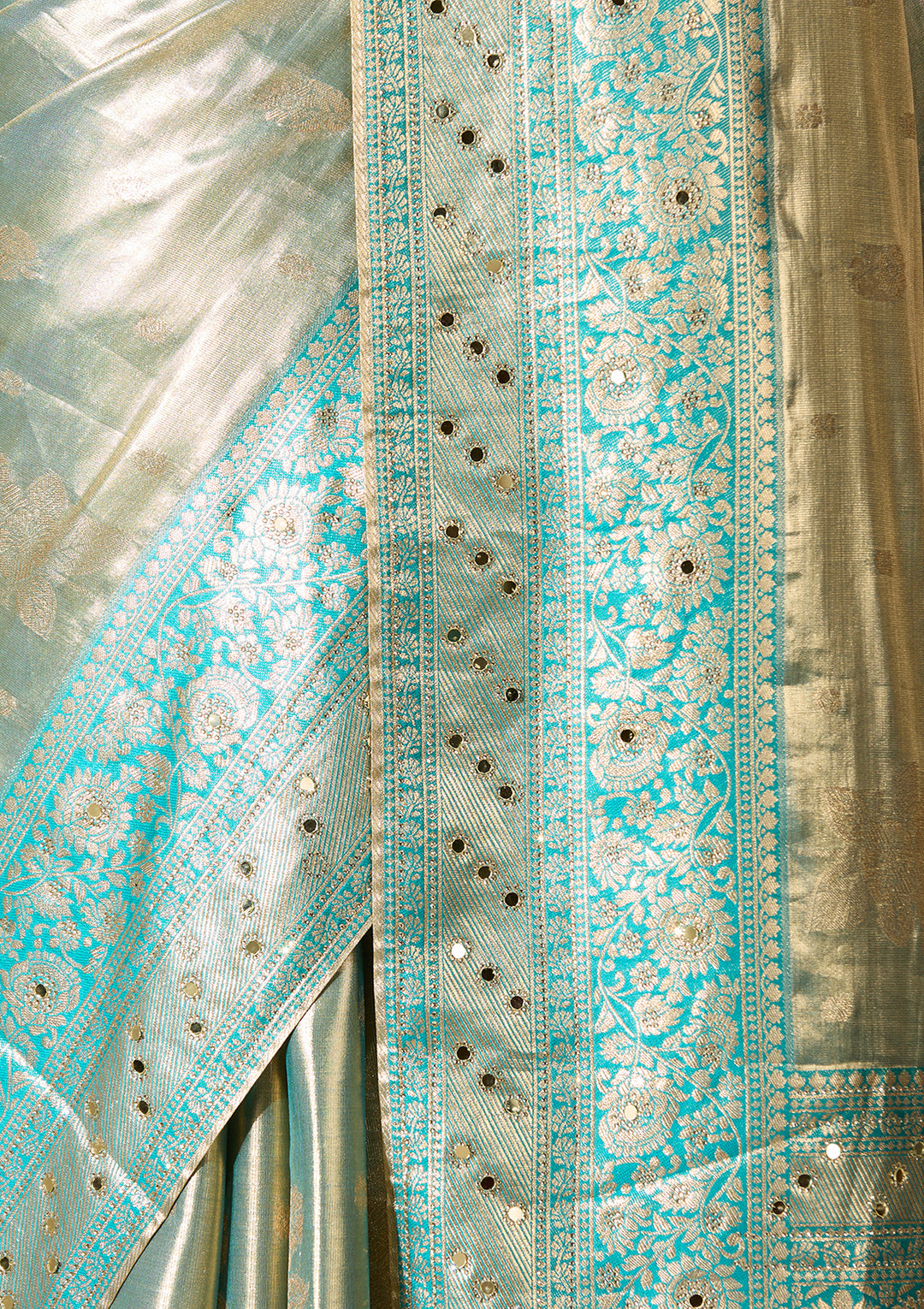 Rama Green Art Tissue Jaal Mirrorwork Saree With Matching Blouse Piece