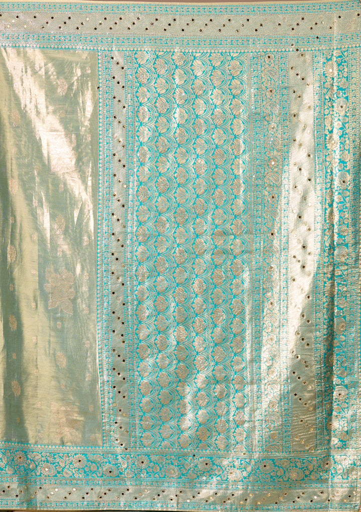 Rama Green Art Tissue Jaal Mirrorwork Saree With Matching Blouse Piece