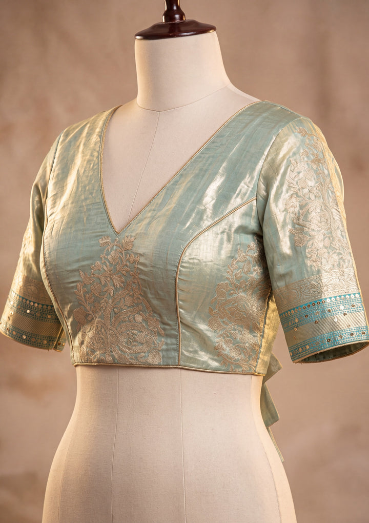 Rama Green Art Tissue Jaal Mirrorwork Saree With Matching Blouse Piece