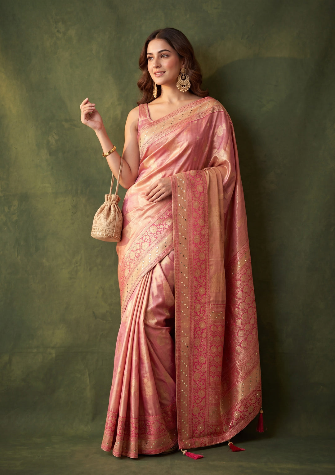 Rani Pink Art Tissue Jaal Mirrorwork Saree With Matching Blouse Piece