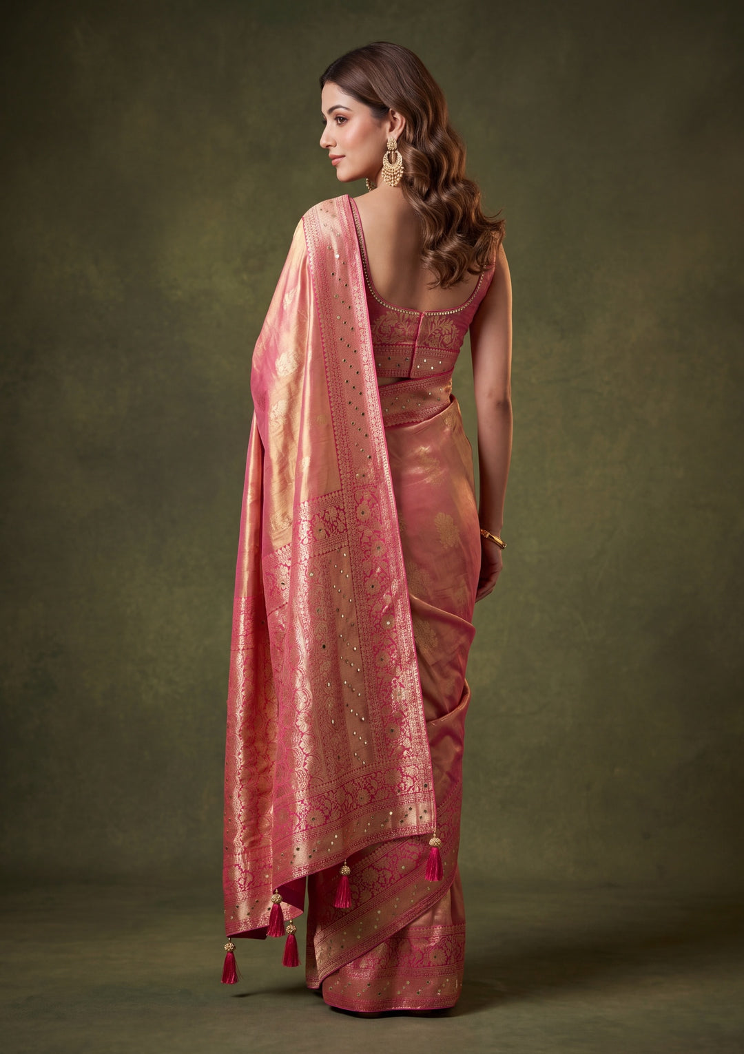 Rani Pink Art Tissue Jaal Mirrorwork Saree With Matching Blouse Piece