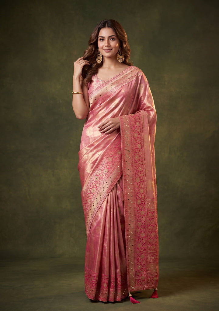 Rani Pink Art Tissue Jaal Mirrorwork Saree With Matching Blouse Piece