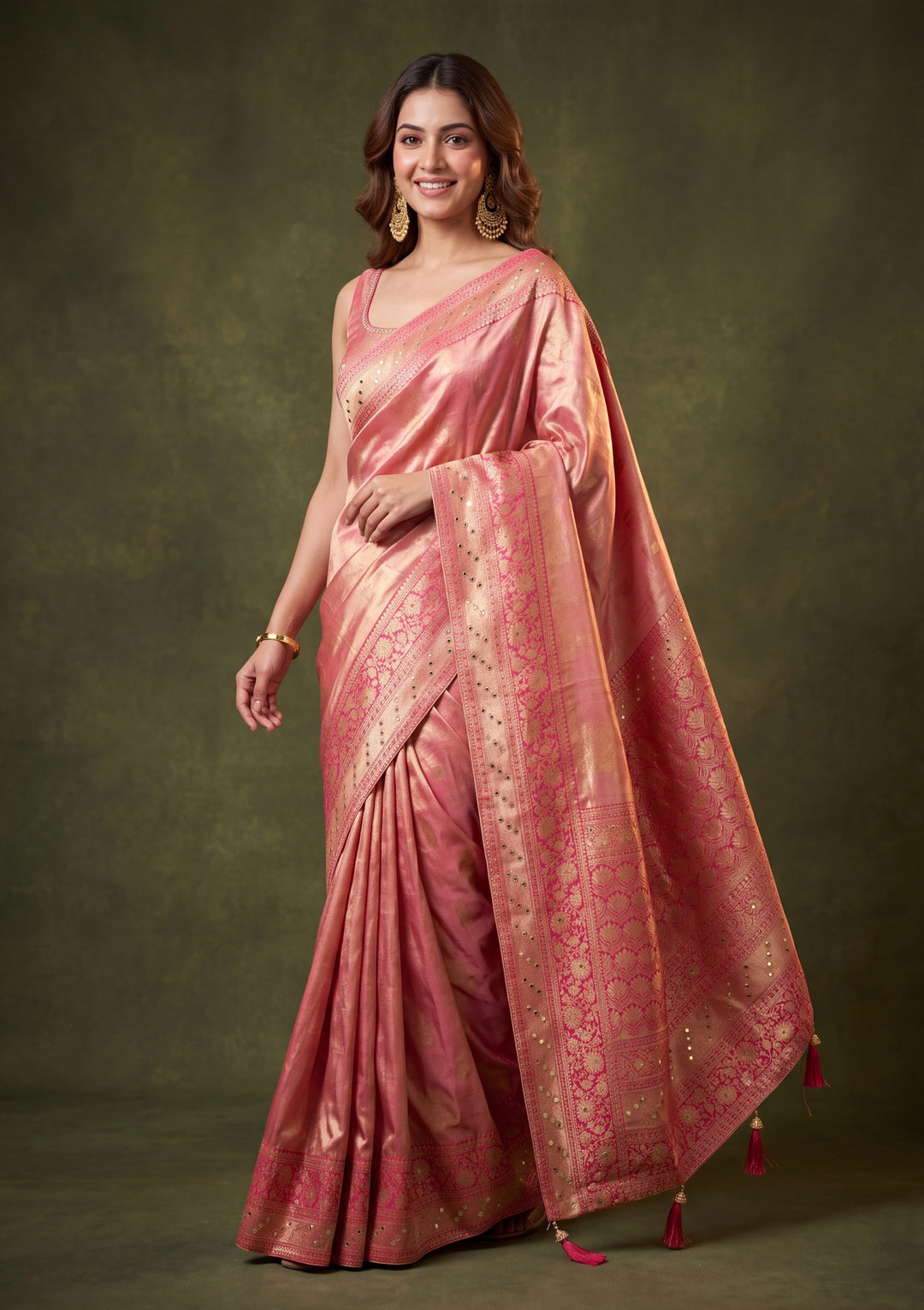 Rani Pink Art Tissue Jaal Mirrorwork Saree With Matching Blouse Piece