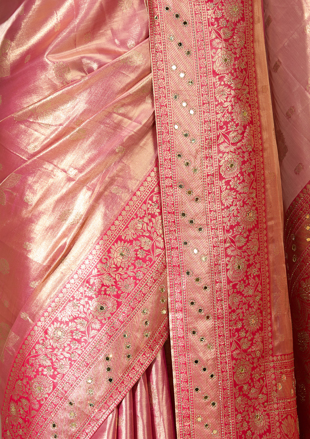 Rani Pink Art Tissue Jaal Mirrorwork Saree With Matching Blouse Piece