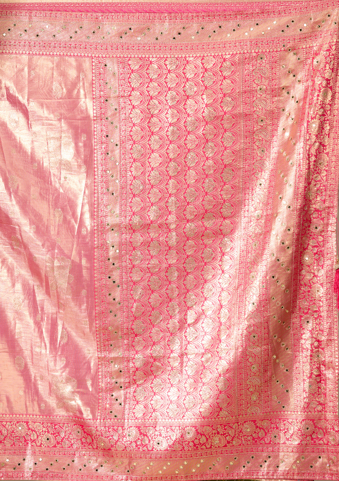 Rani Pink Art Tissue Jaal Mirrorwork Saree With Matching Blouse Piece