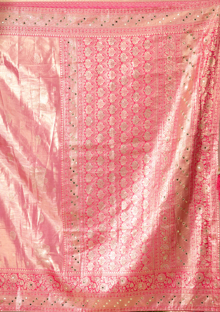 Rani Pink Art Tissue Jaal Mirrorwork Saree With Matching Blouse Piece