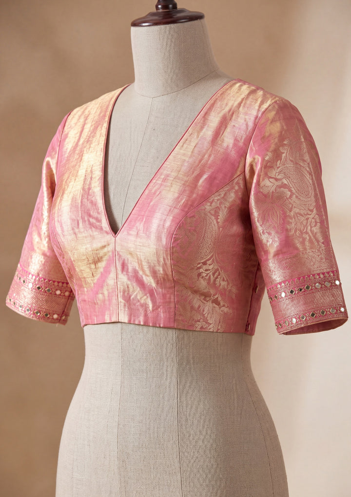 Rani Pink Art Tissue Jaal Mirrorwork Saree With Matching Blouse Piece
