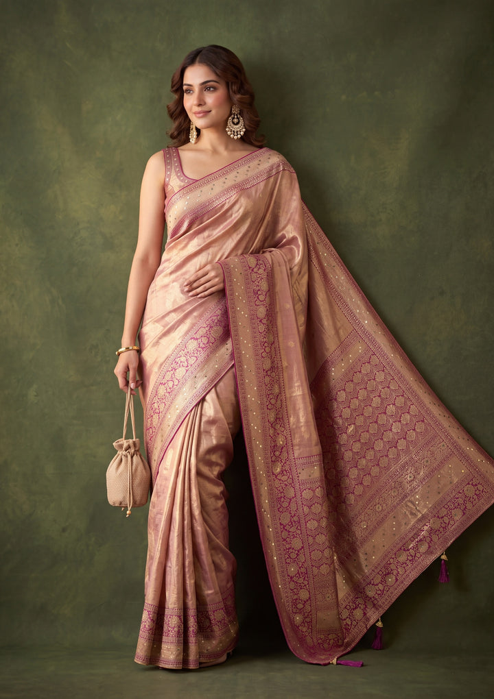 Wine Art Tissue Jaal Mirrorwork Saree With Matching Blouse Piece