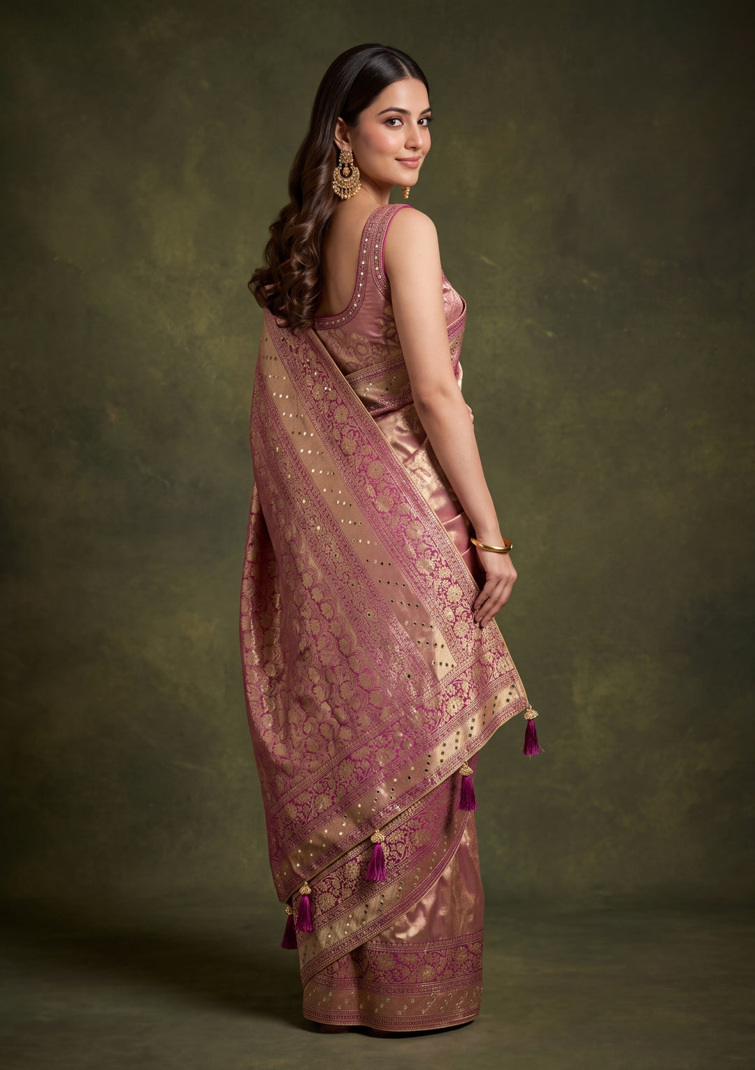 Wine Art Tissue Jaal Mirrorwork Saree With Matching Blouse Piece