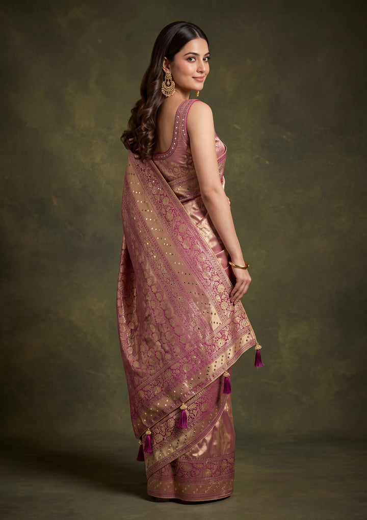 Wine Art Tissue Jaal Mirrorwork Saree With Matching Blouse Piece