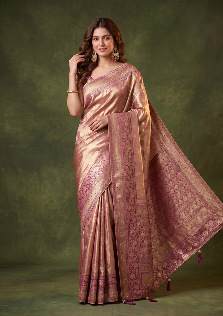 Wine Art Tissue Jaal Mirrorwork Saree With Matching Blouse Piece