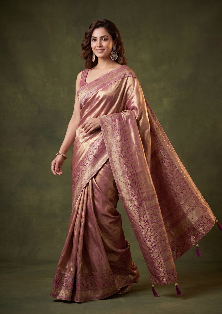 Wine Art Tissue Jaal Mirrorwork Saree With Matching Blouse Piece