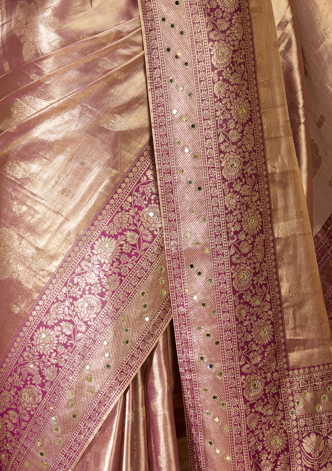 Wine Art Tissue Jaal Mirrorwork Saree With Matching Blouse Piece