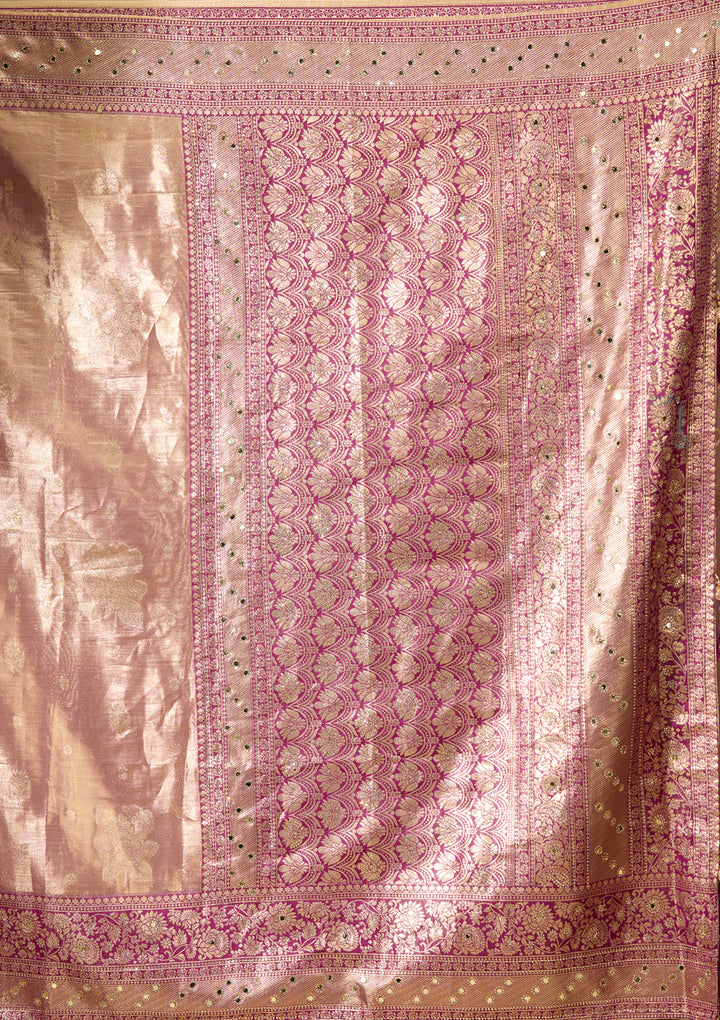 Wine Art Tissue Jaal Mirrorwork Saree With Matching Blouse Piece