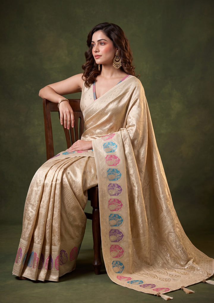 Beige Art Silk Jaal Saree With Matching Blouse Piece