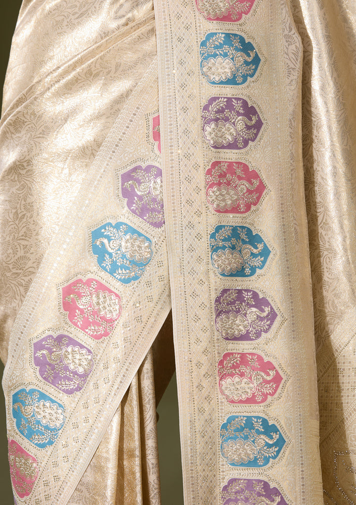 Beige Art Silk Jaal Saree With Matching Blouse Piece