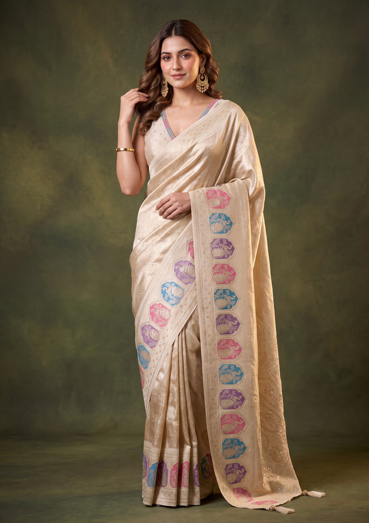 Beige Art Silk Jaal Saree With Matching Blouse Piece