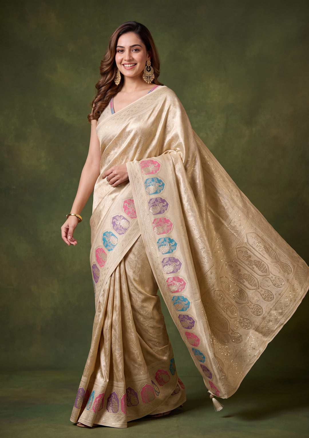 Beige Art Silk Jaal Saree With Matching Blouse Piece