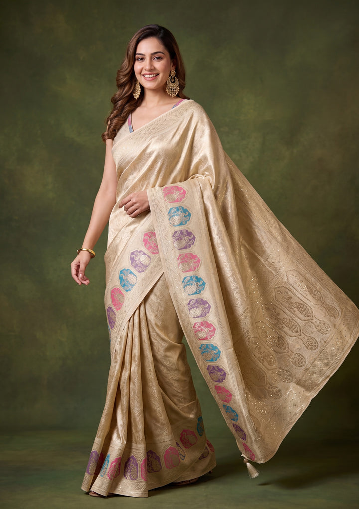 Beige Art Silk Jaal Saree With Matching Blouse Piece
