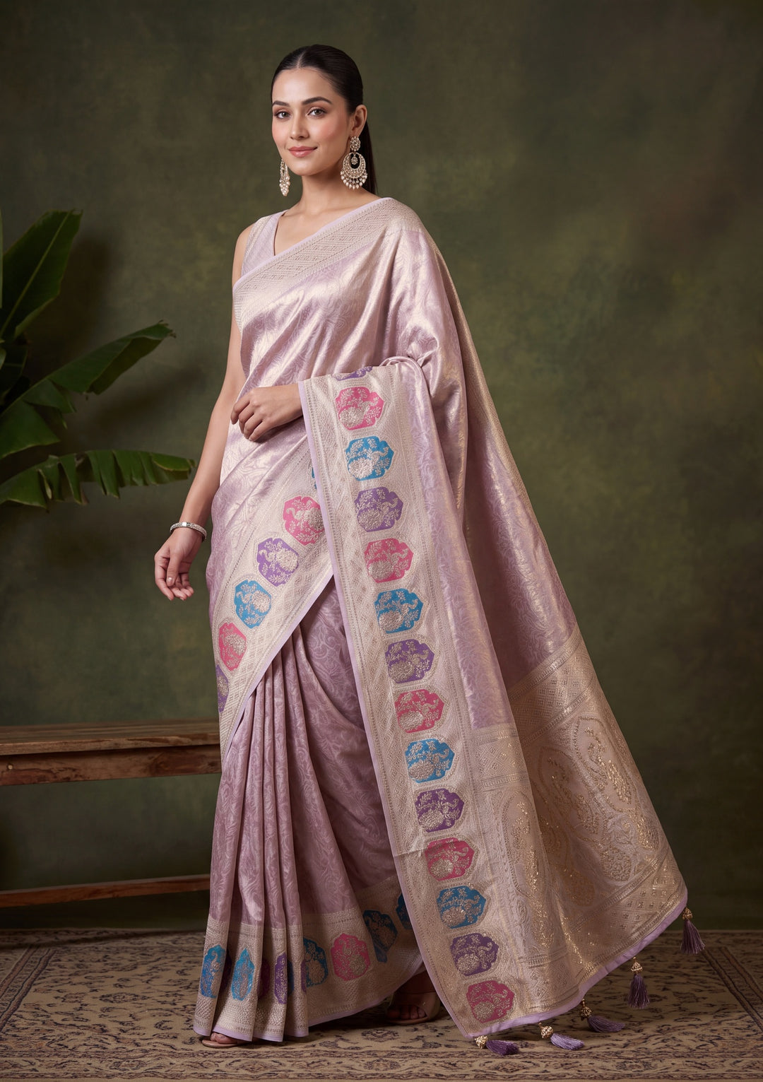 Lavender Art Silk Jaal Saree With Matching Blouse Piece