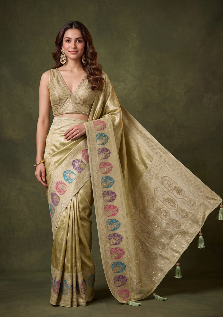 Pista Green Art Silk Jaal Saree With Matching Blouse Piece