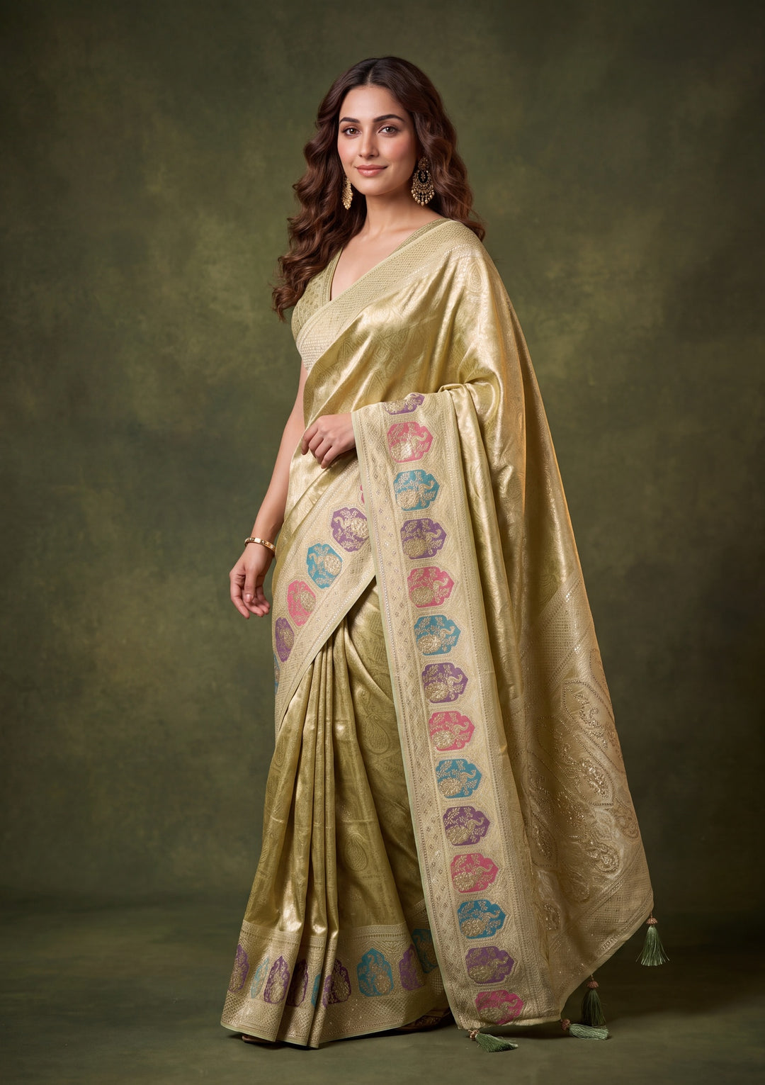 Pista Green Art Silk Jaal Saree With Matching Blouse Piece