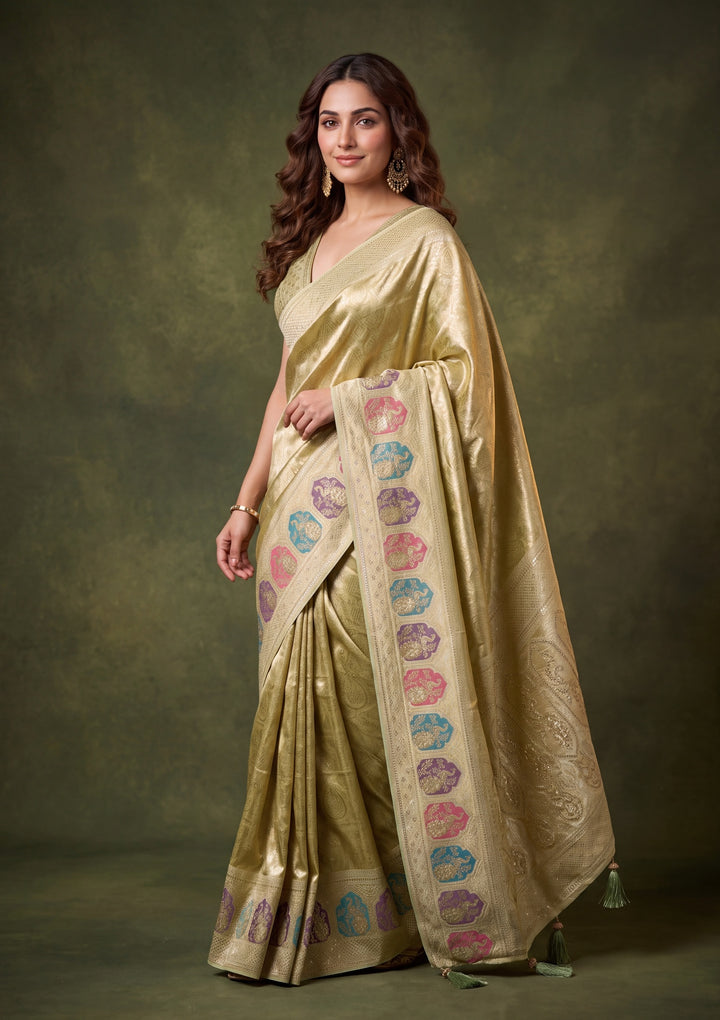 Pista Green Art Silk Jaal Saree With Matching Blouse Piece