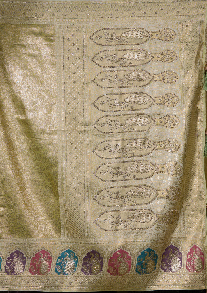 Pista Green Art Silk Jaal Saree With Matching Blouse Piece