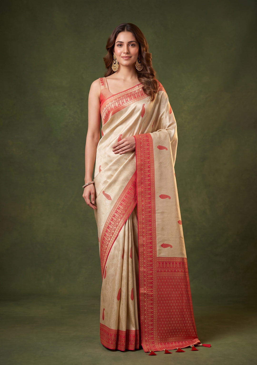 Beige Art Silk Buti Saree With Matching Blouse Piece