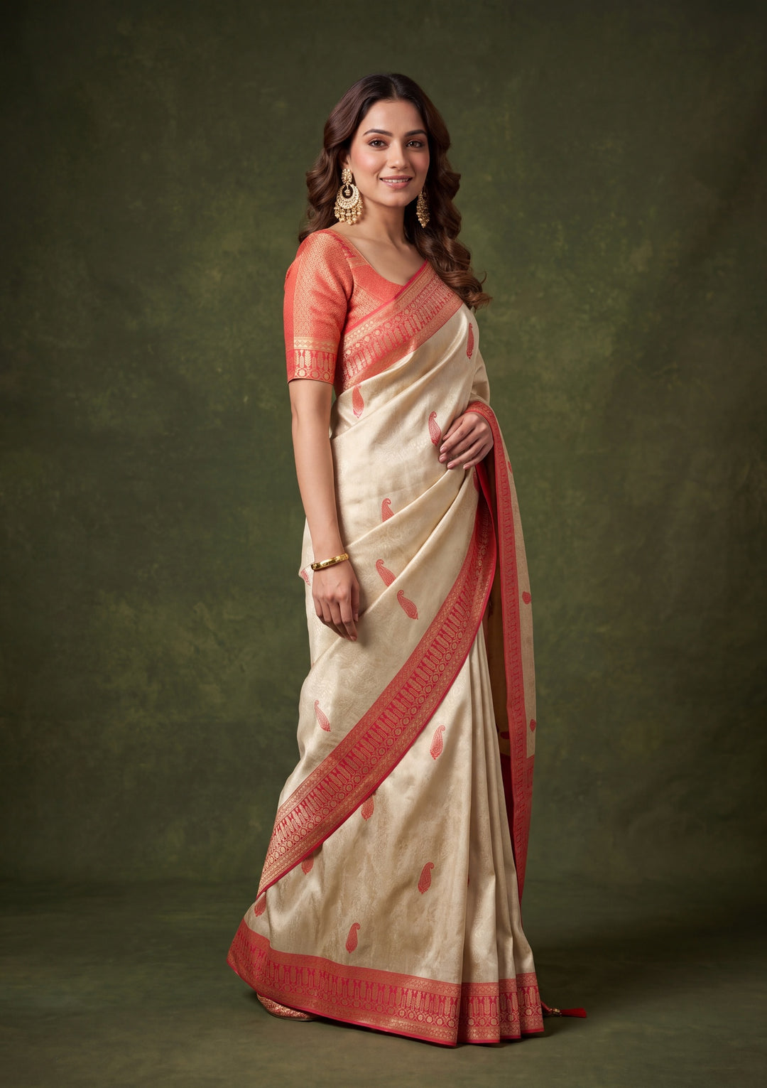 Beige Art Silk Buti Saree With Matching Blouse Piece