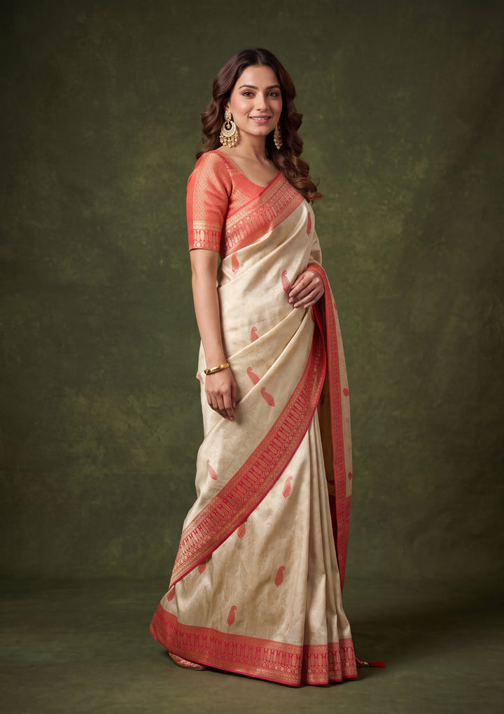 Beige Art Silk Buti Saree With Matching Blouse Piece