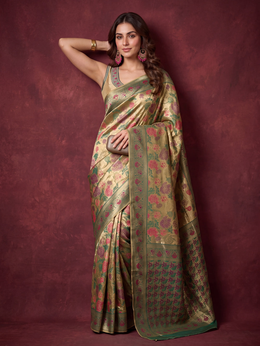Leaf Green Art Silk Jaal Saree With Matching Blouse Piece