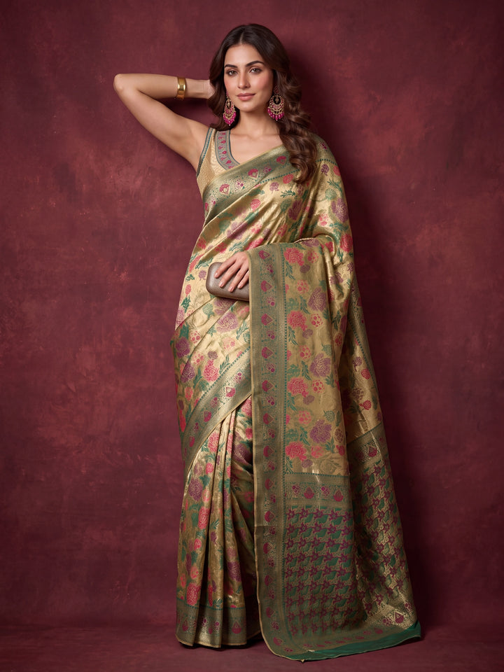 Leaf Green Art Silk Jaal Saree With Matching Blouse Piece
