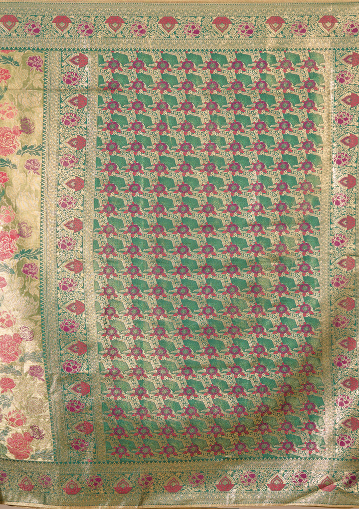 Leaf Green Art Silk Jaal Saree With Matching Blouse Piece