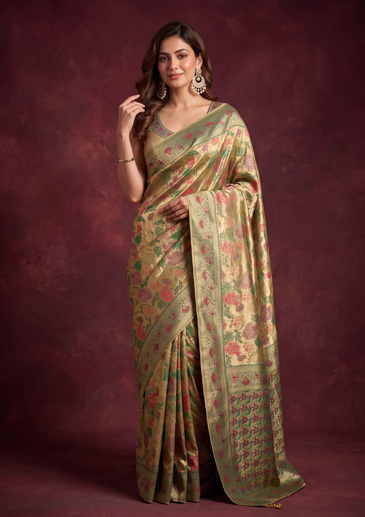 Leaf Green Art Silk Jaal Saree With Matching Blouse Piece
